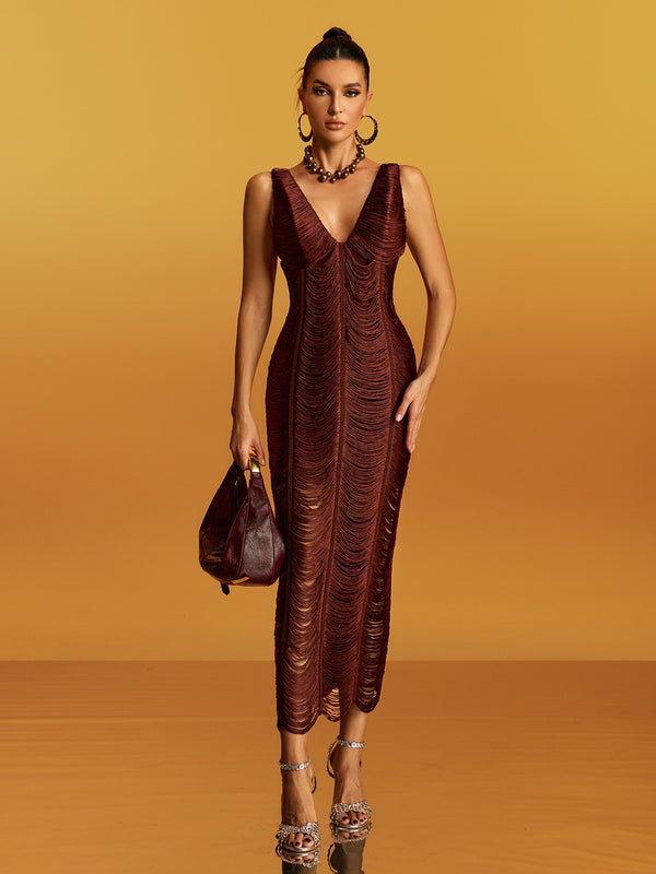 Gigantia V Neck Fringe Bandage Maxi Dress