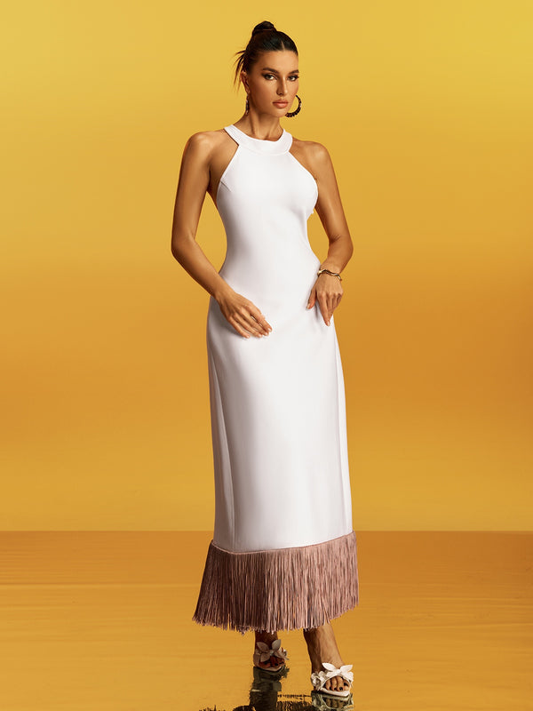 Gigantor Halterneck Fringe Bandage Maxi Dress