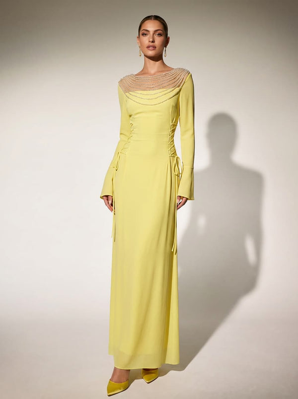 Glialix Bell Sleeve Chain Lace Up Maxi Dress