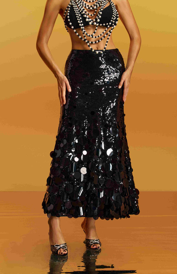 Glomara Round Sequin Skirt in Black
