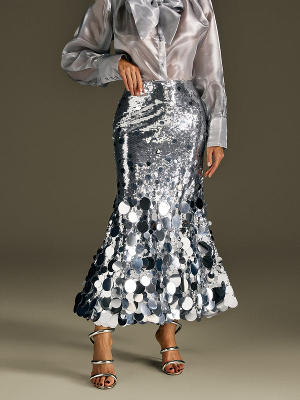 Glomara Round Sequin Skirt In Silver