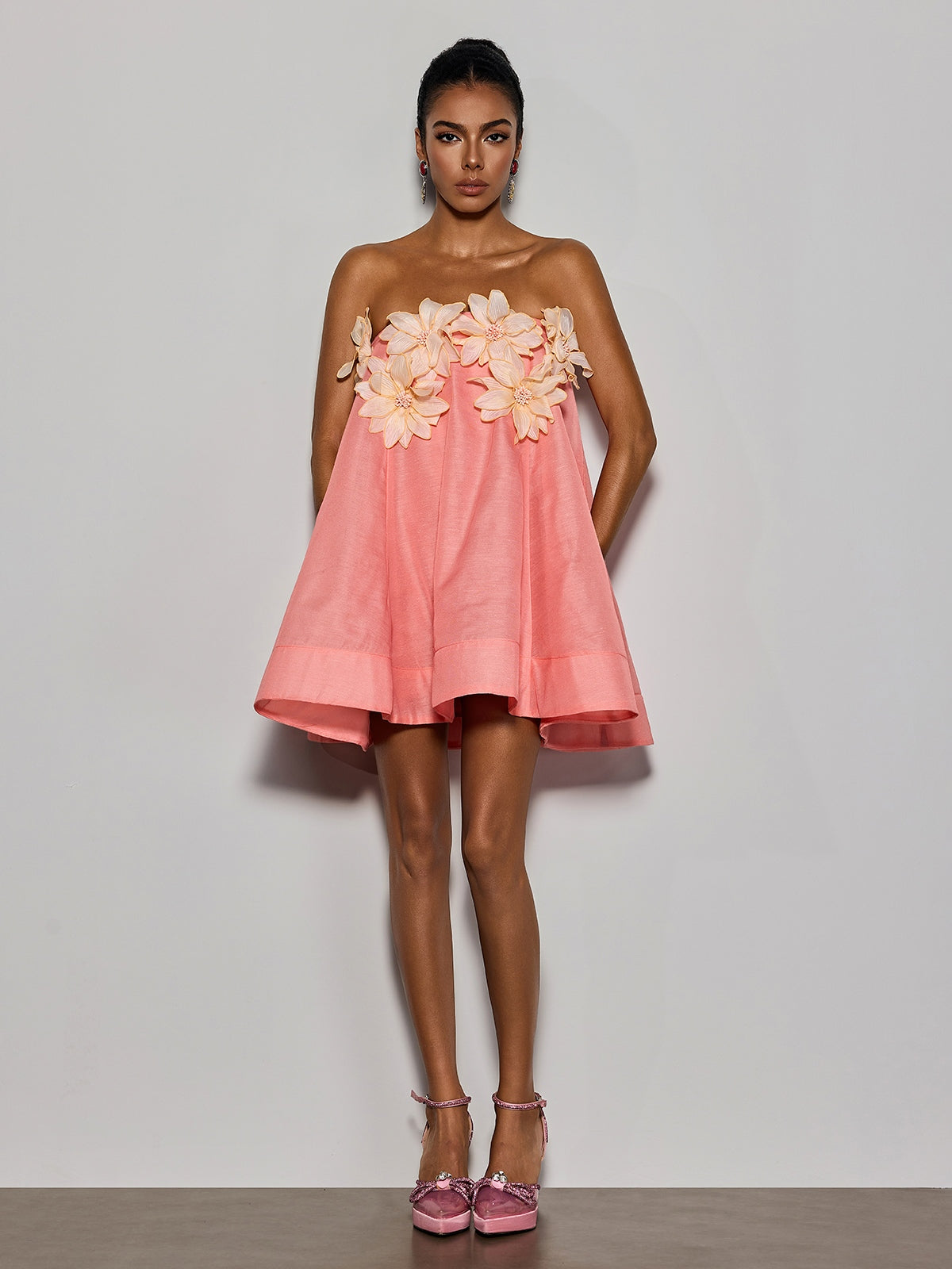 Mew Mews Gratho Strapless Flower Mini Dress In Coral