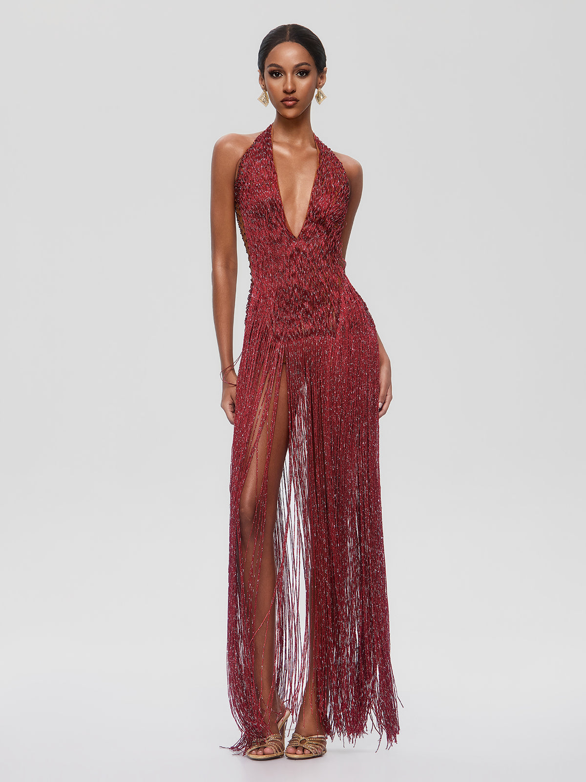 Grixel Plunge Neck Fringe Maxi Dress
