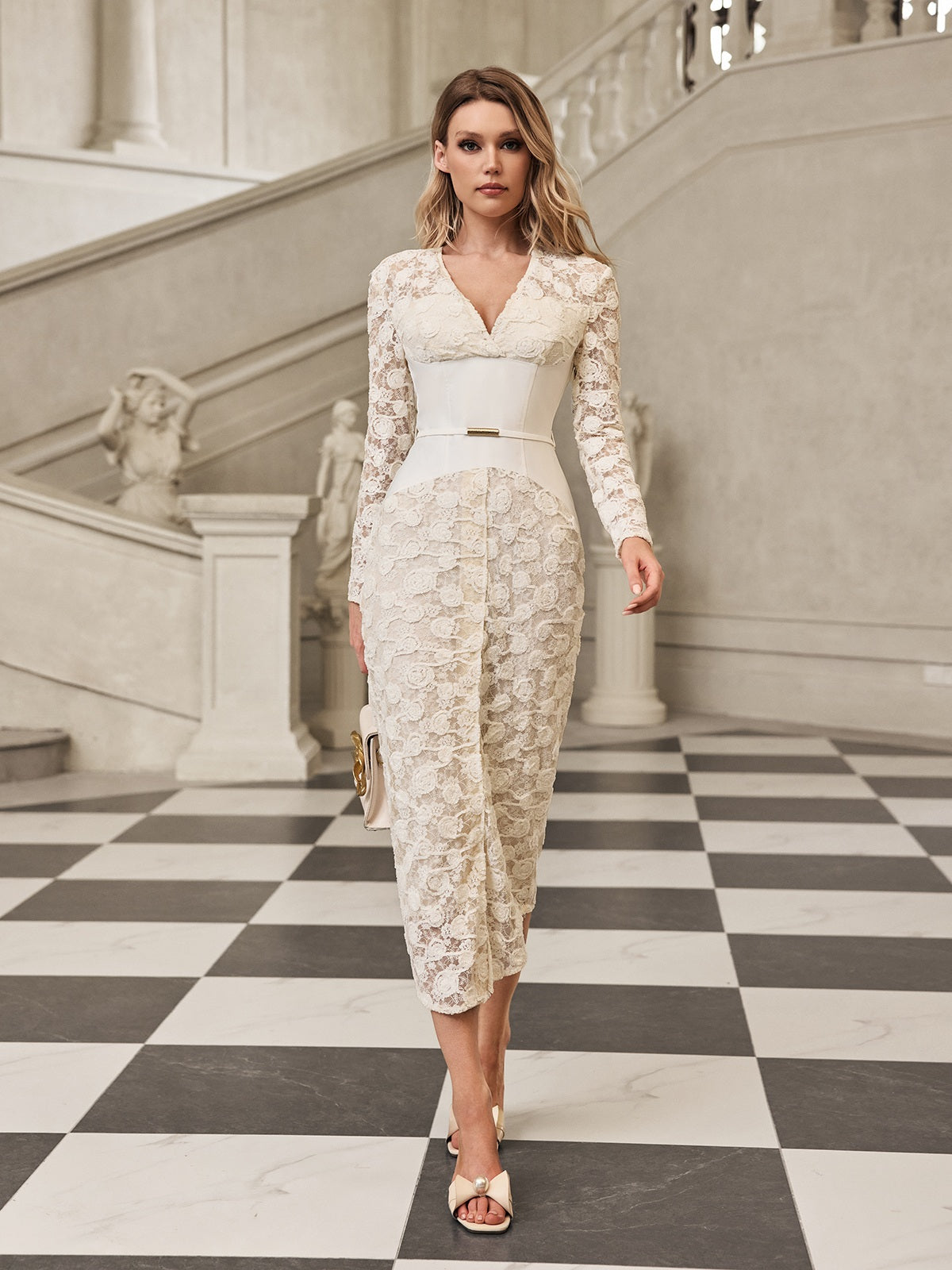 knee length dresses for ladies Gryia V Neck Lace Midi Dress – Mew Mews