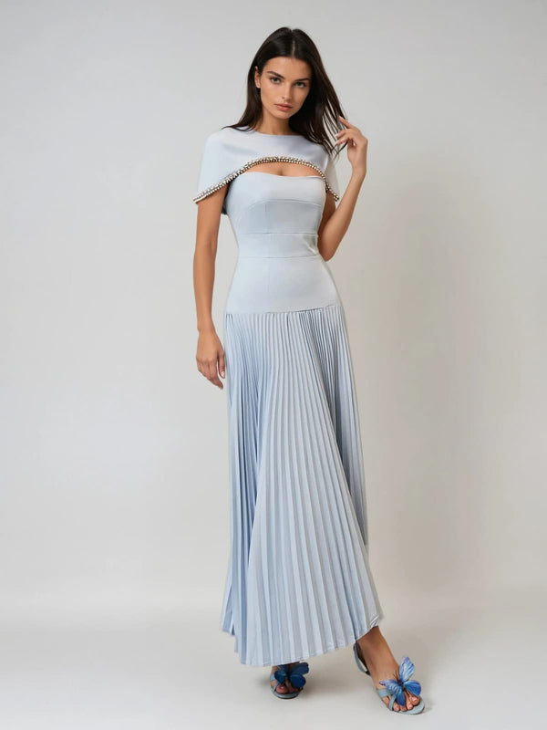 Gryiael Rhinestone Cape Pleat Maxi Dress