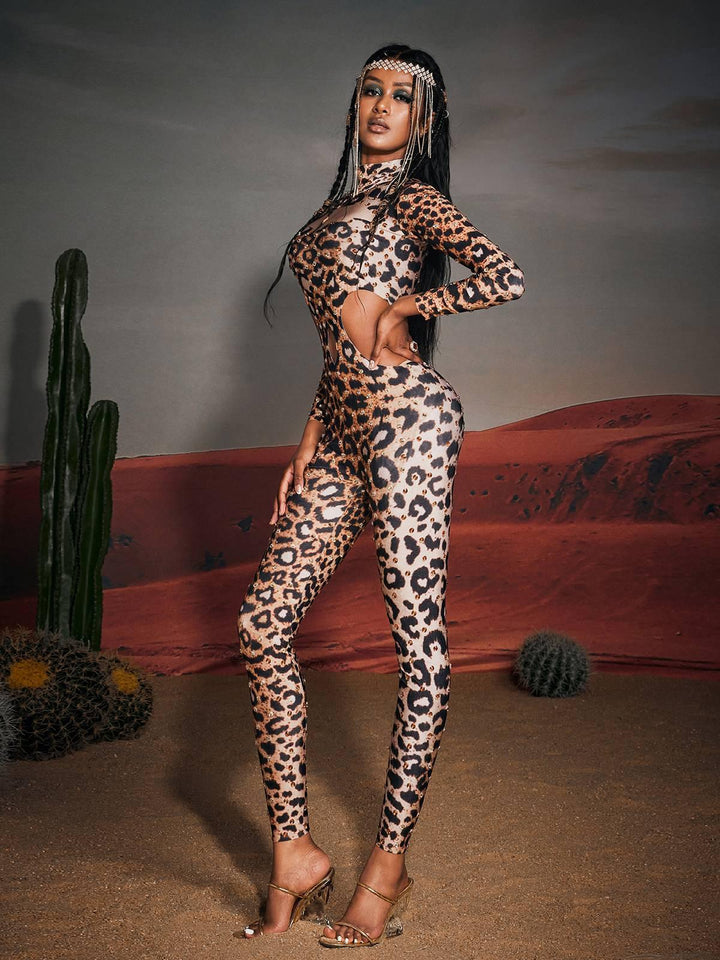 Gunner Cutout Leopard Rhinestone Jumpsuit - Mew Mews