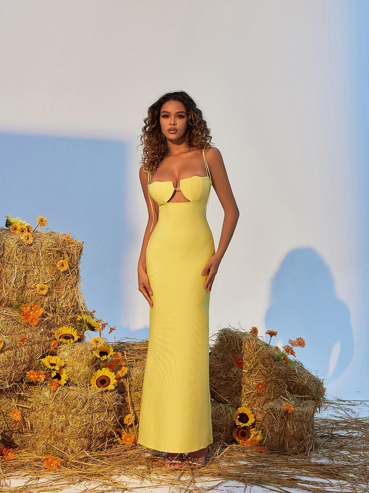 Gwyn Shell Cutout Maxi Bandage Dress In Yellow - Mew Mews