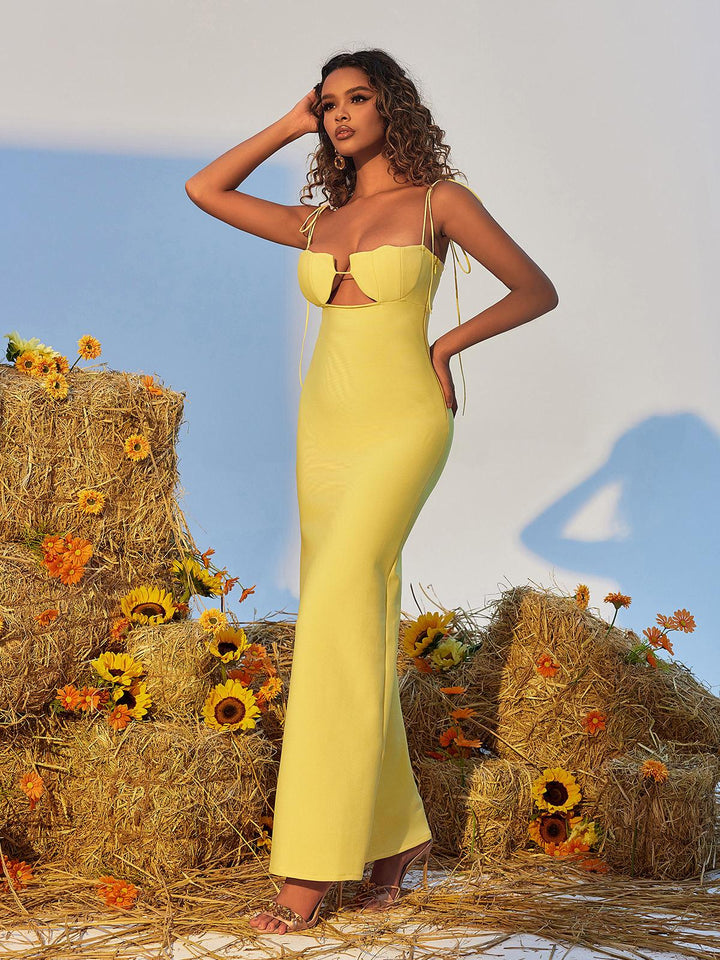 Gwyn Shell Cutout Maxi Bandage Dress In Yellow - Mew Mews