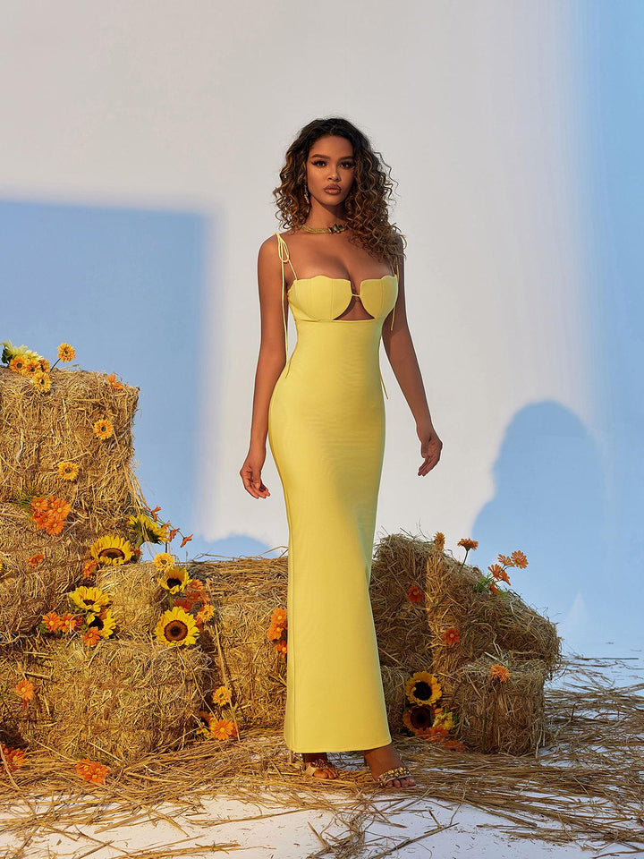 Gwyn Shell Cutout Maxi Bandage Dress In Yellow - Mew Mews