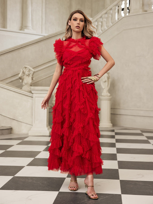 Gyraza Tulle Tiered Mesh Midi Dress