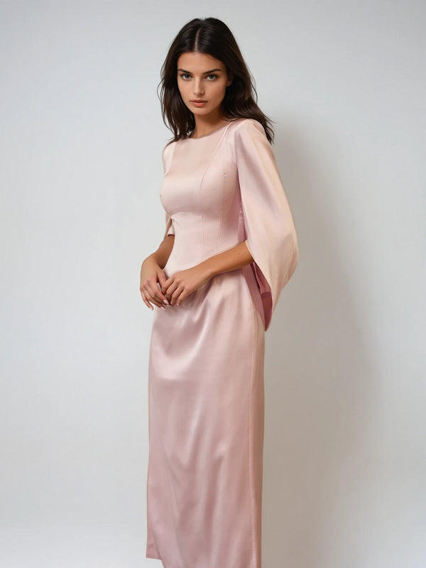 Gyxra Shoulder Pad Satin Midi Dress In Blush