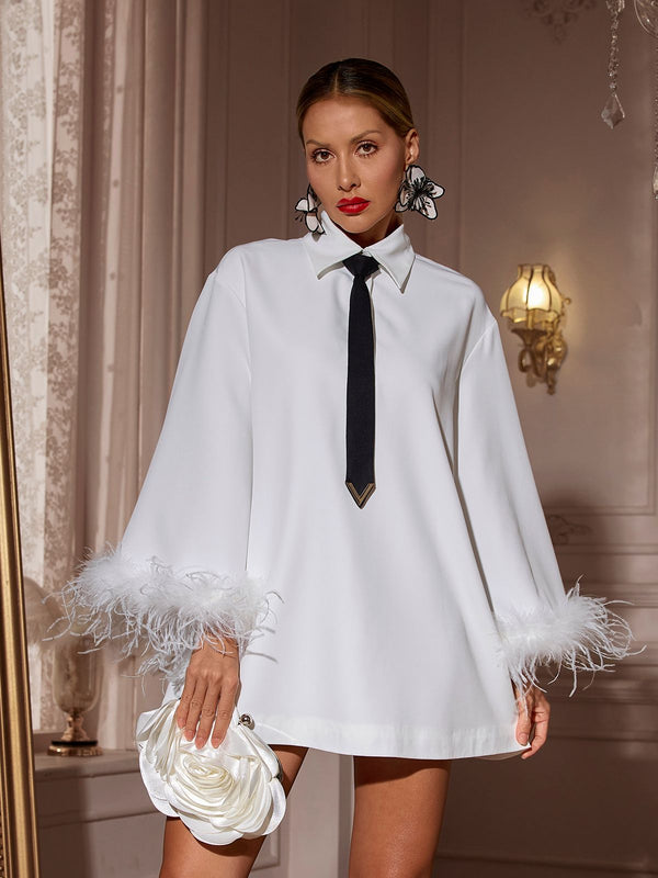 Hajar Folded Collar Feather Mini Dress In White