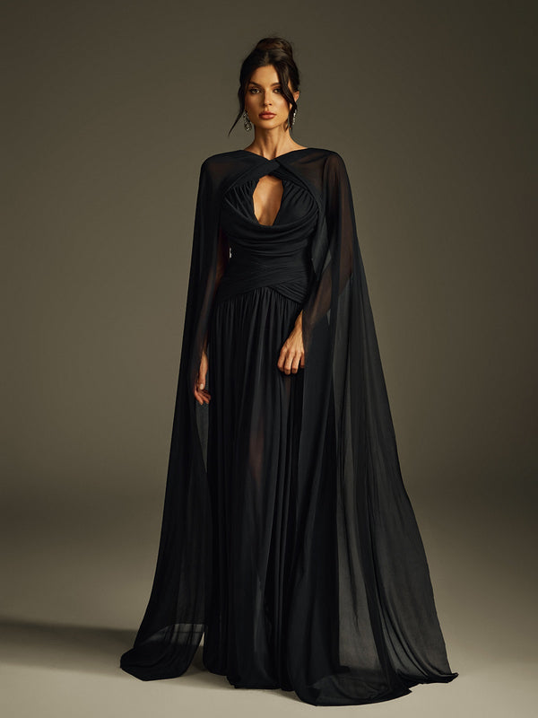 Haldris Cape Sleeve Draped Maxi Dress