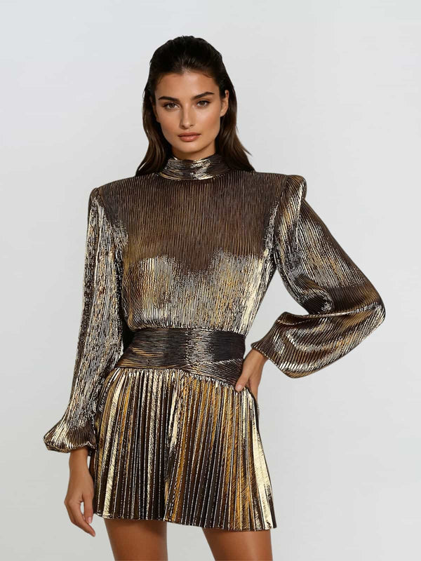 Hamilton Pleated Metallic Dress In Gold