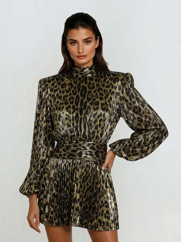 Hamilton Pleated Metallic Dress In Leopard