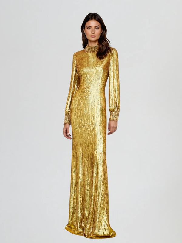 Hectogl Long Sleeve Sequin Crystal Maxi Dress