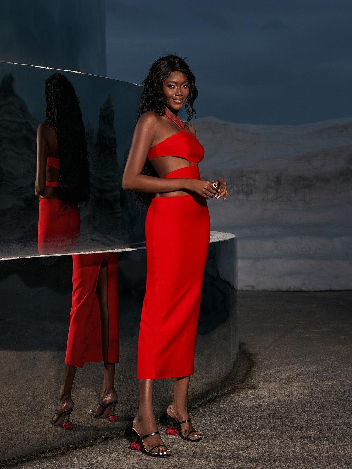 Hedwig Cutout High Split Bandage Dress In Red – Mew Mews Fashion