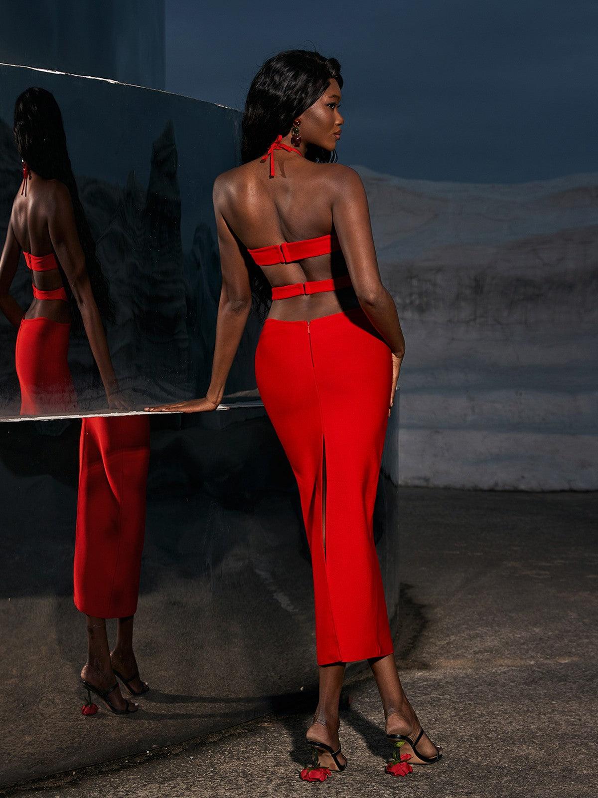 Hedwig Cutout High Split Bandage Dress In Red – Mew Mews Fashion
