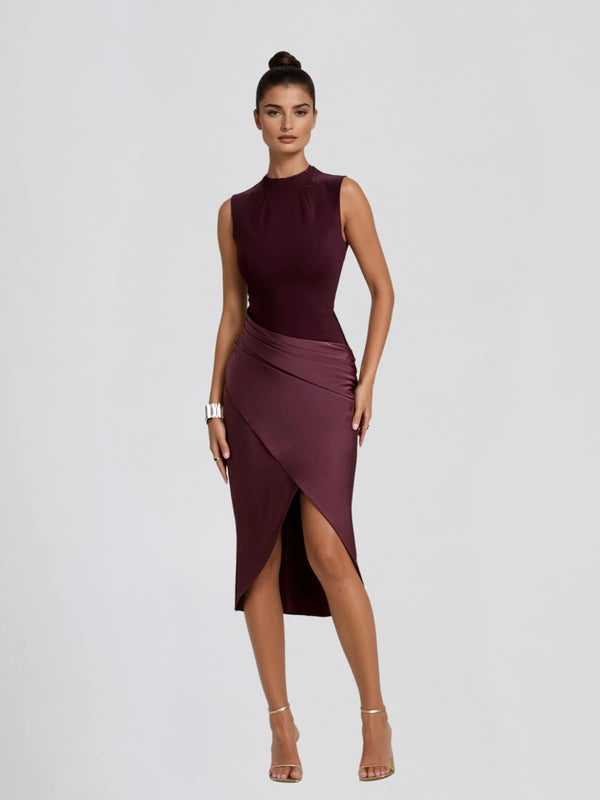 Heliona Sleeveless Split Satin Midi Dress