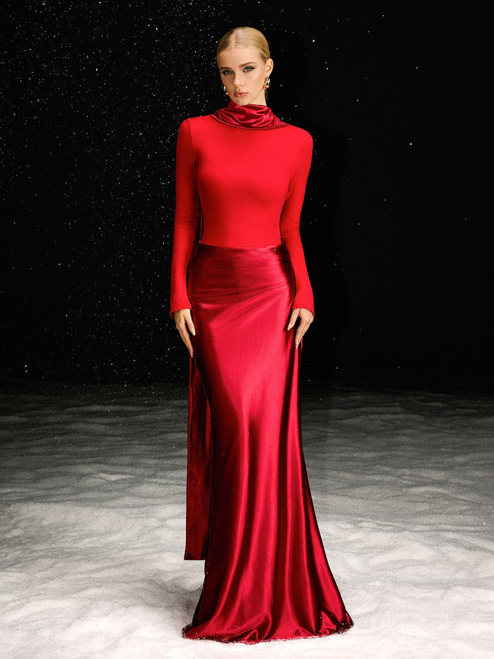 knee length dresses for ladies Helionar Long Sleeve Scarf Satin Maxi Dress – Mew Mews