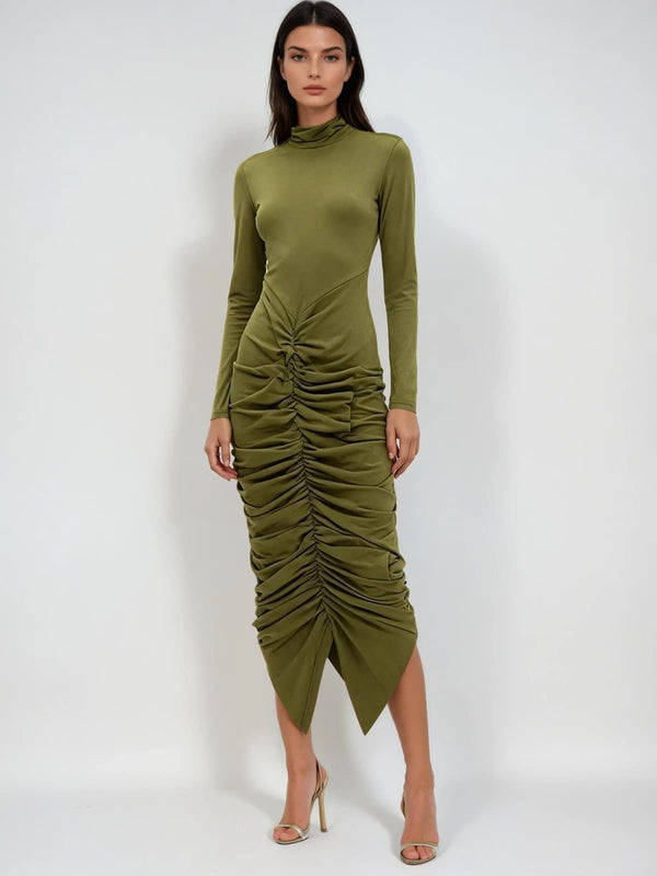 Hessian Long Sleeve Ruched Midi Dress