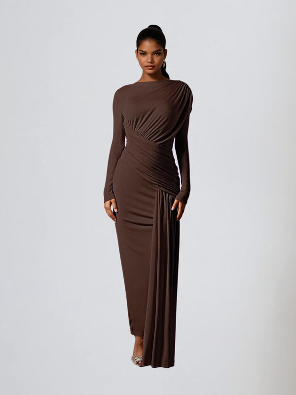 Hibera Long Sleeve Ruched Split Maxi Dress In Coffee