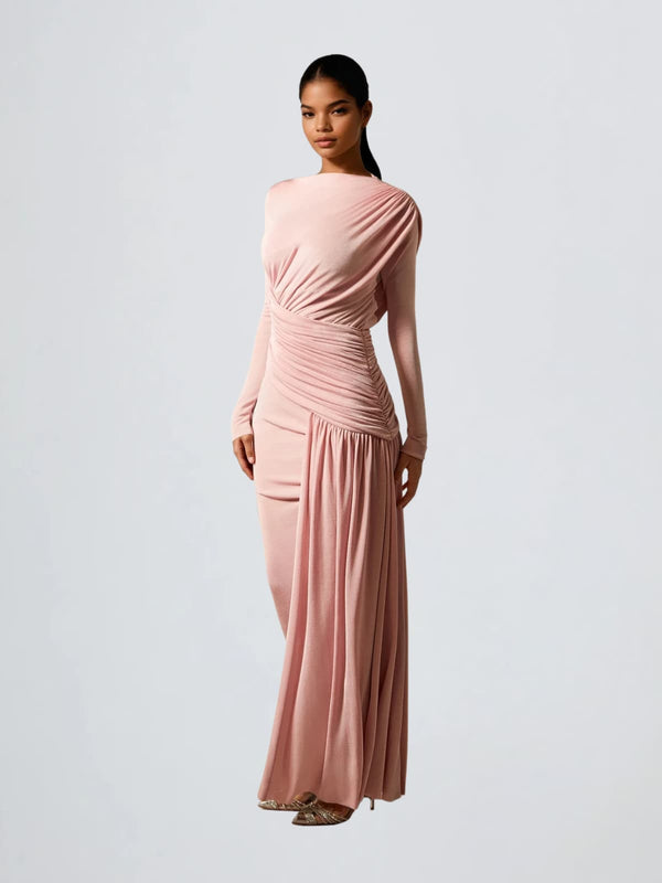 Hibera Long Sleeve Ruched Split Maxi Dress In Pink