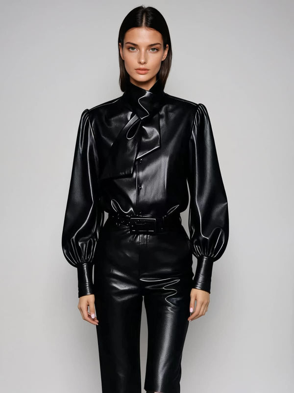 Hoarfex Balloon Sleeve Tie Up Leather Coat