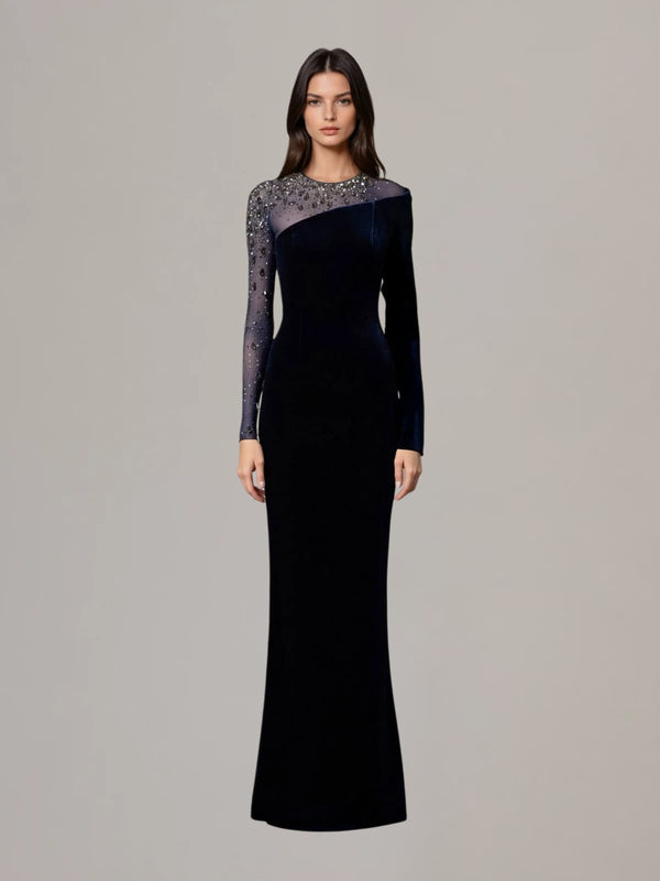 Hyalina Velvet Mesh Diamond Maxi Dress