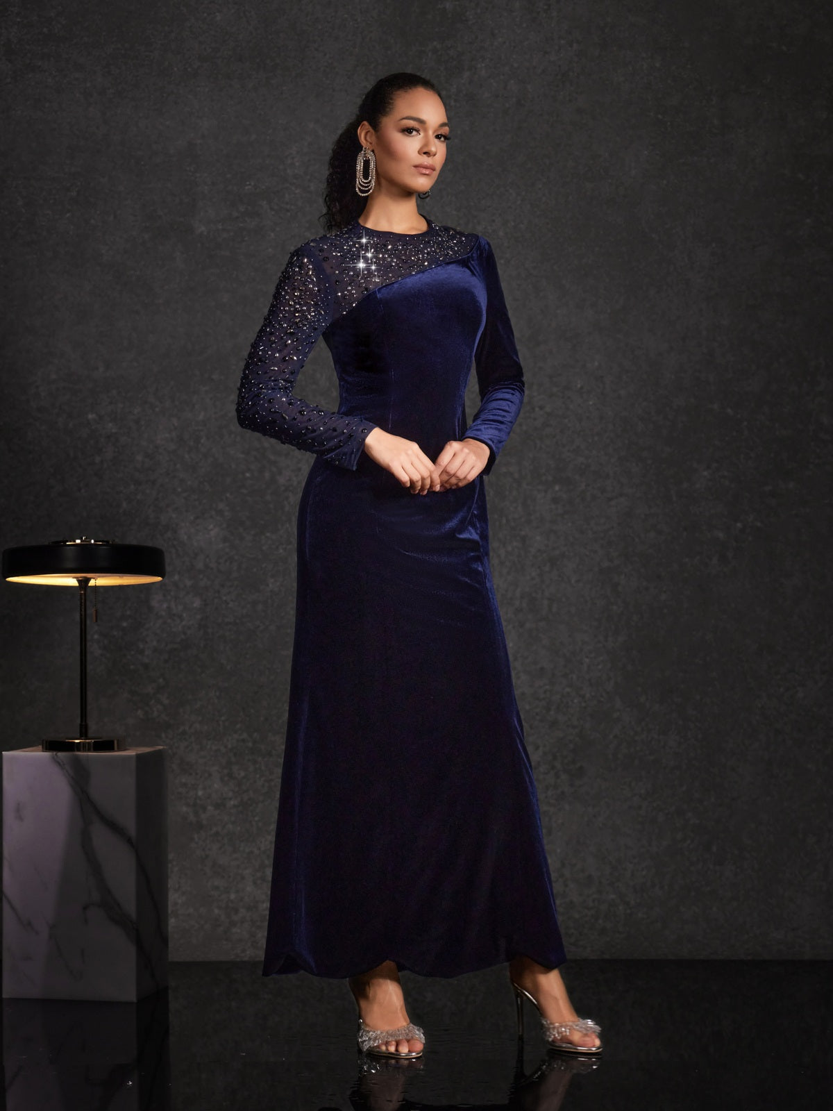 chinese dress ladies Momyknows Sparkly Diamond Rhinestone Mesh Slit Long Sleeve Mermaid Sheer Maternity Elegant Baby Shower Party Maxi Dress Coffee / M