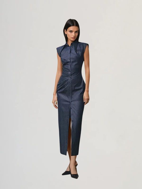 Hyeto Folded Collar Stripe Button Up Maxi Dress