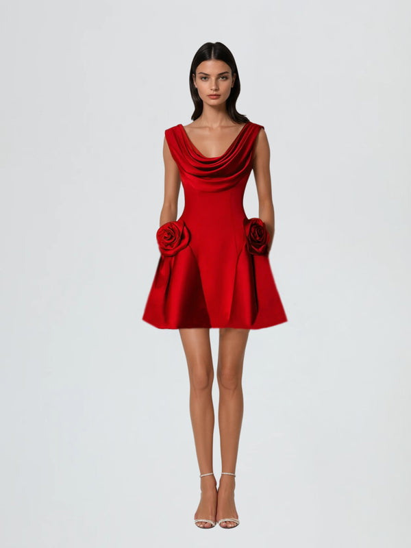 Hygria Cowl Neck Flower Satin Mini Dress