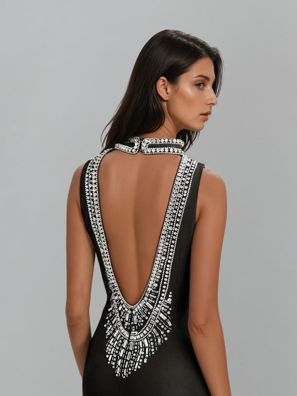 Hygrolon Backless Rhinestone Velvet Maxi Dress