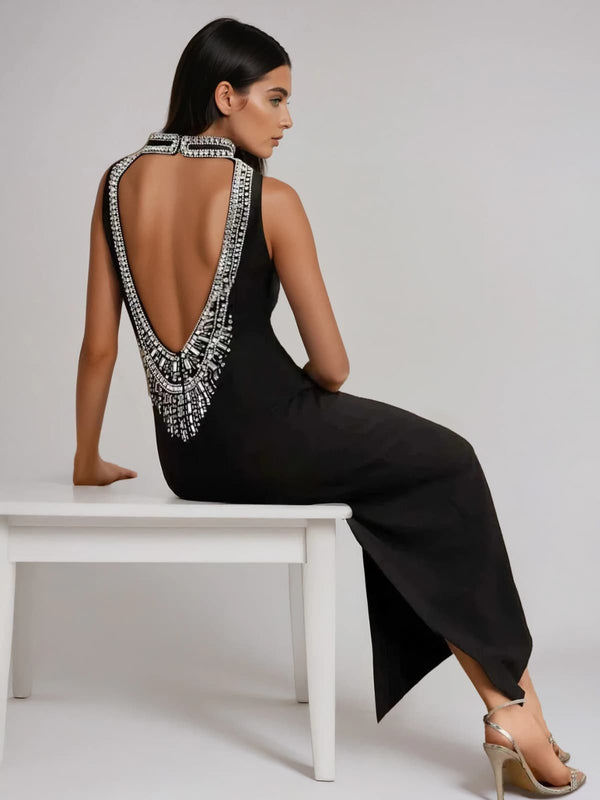 Hygrolon Backless Rhinestone Velvet Maxi Dress