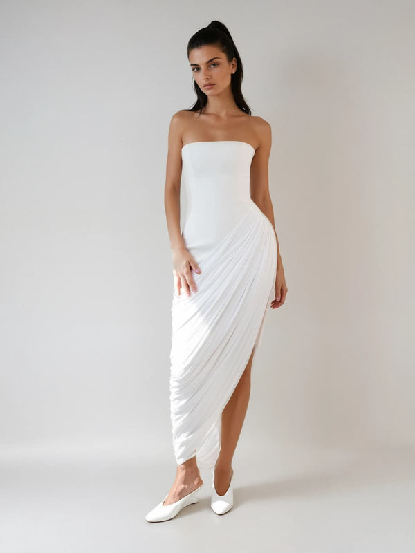 Hygron Strapless Lace Up Ruched Maxi Dress