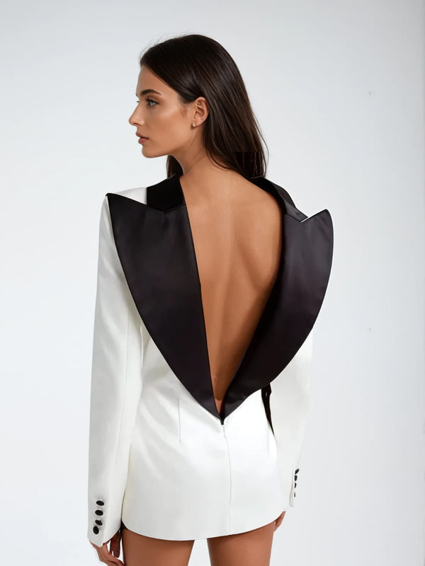 Hyrithia Folded Collar Backless Mini Dress In Black