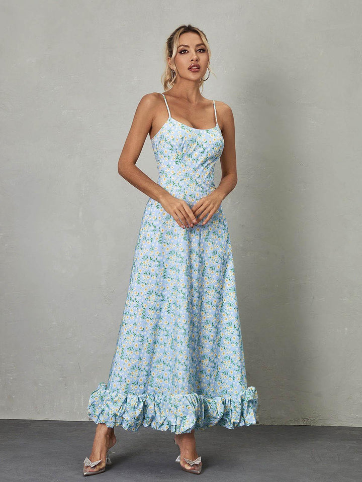 Ilsa Spaghetti Floral Maxi Dress In Blue - Mew Mews