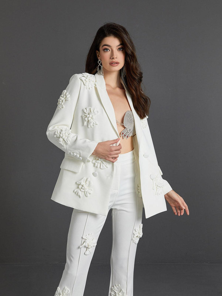 Indiana Floral Embellished Blazer Set In White - Mew Mews Fashion