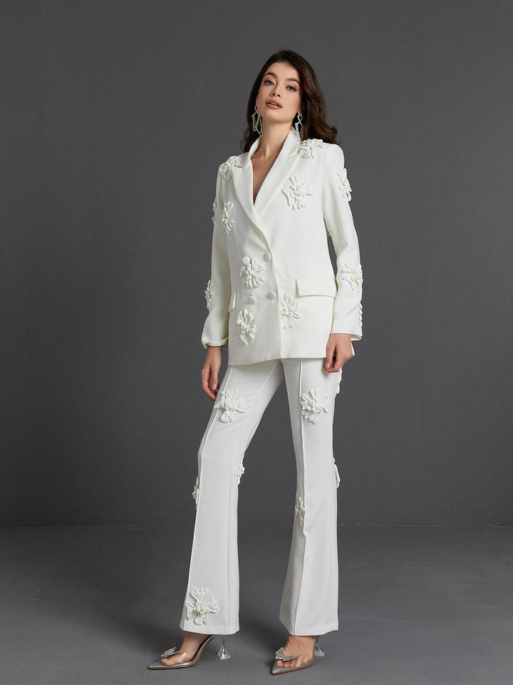 Indiana Floral Embellished Blazer Set In White - Mew Mews Fashion