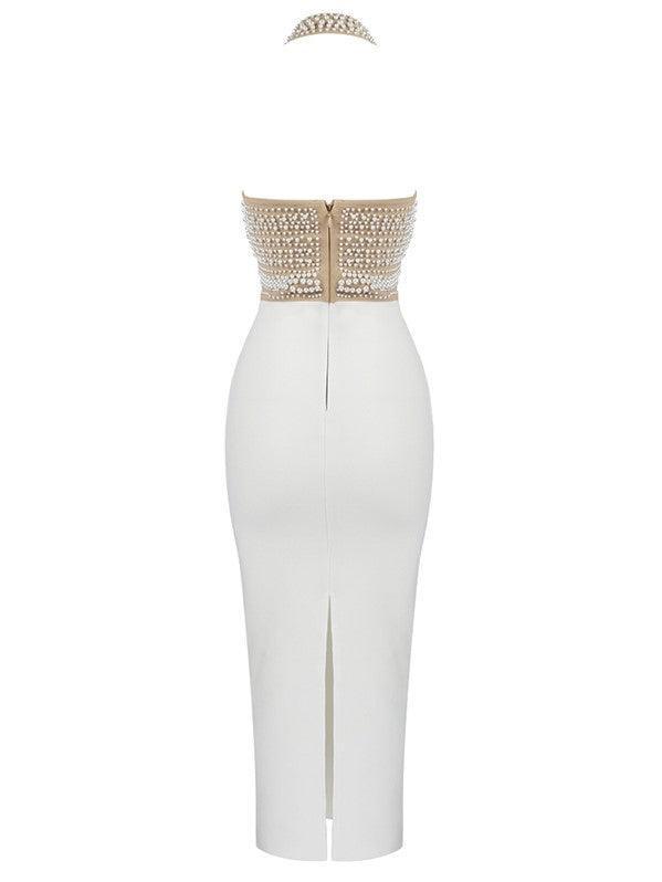 Isabella Halterneck Pearls Bandage Dress In Beige - Mew Mews