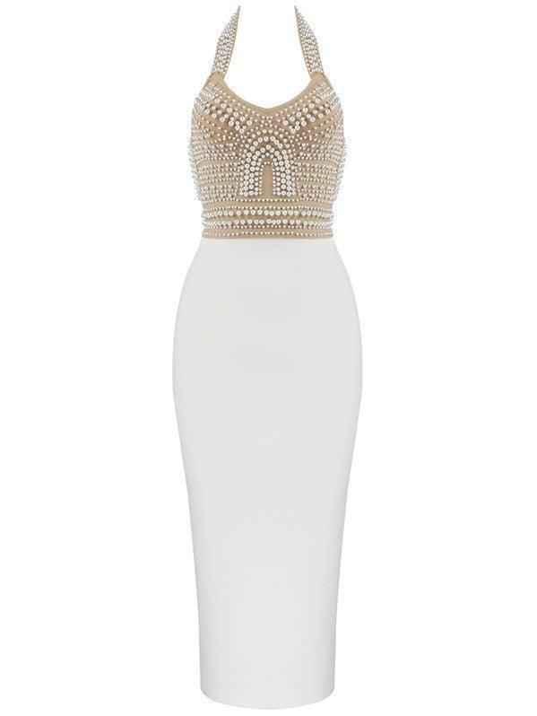 Isabella Halterneck Pearls Bandage Dress In Beige - Mew Mews