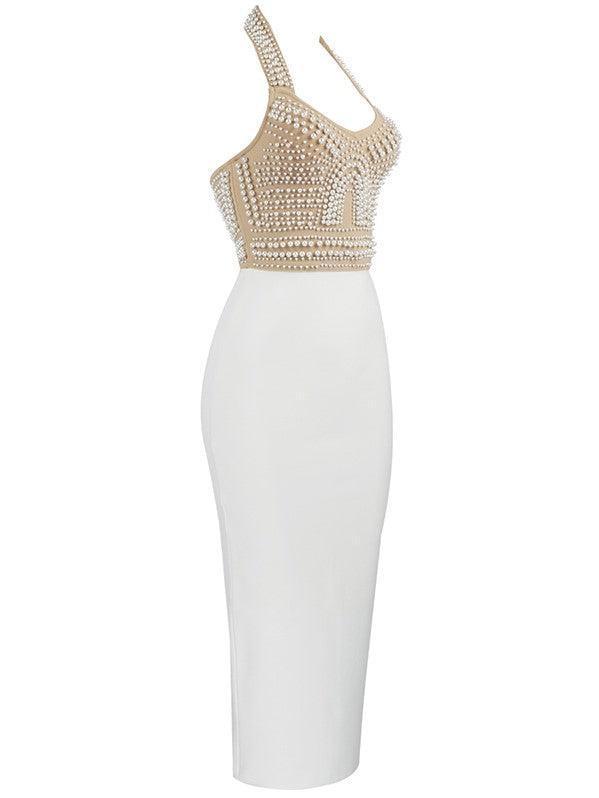 Isabella Halterneck Pearls Bandage Dress In Beige - Mew Mews