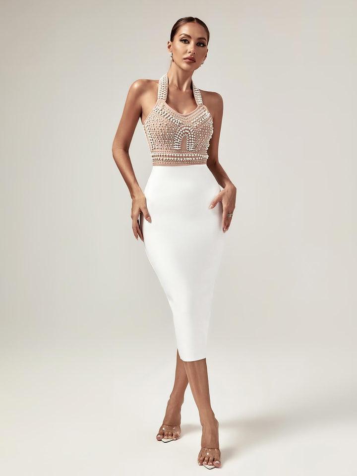 Isabella Halterneck Pearls Bandage Dress In Beige - Mew Mews