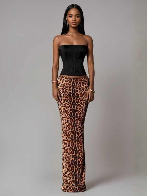 Isocrypt Strapless Leopard Sequin Skirt Set