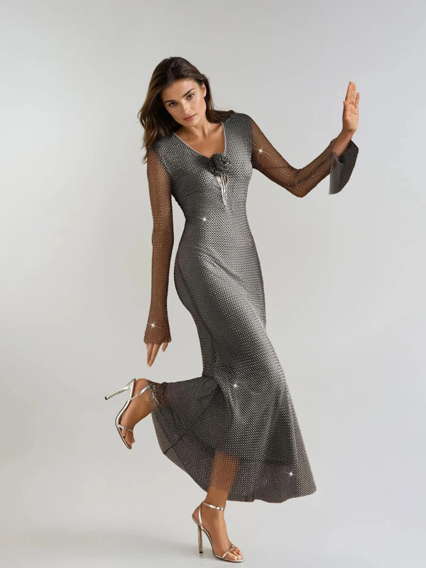 Isograv V Neck Rhinestone Mesh Maxi Dress