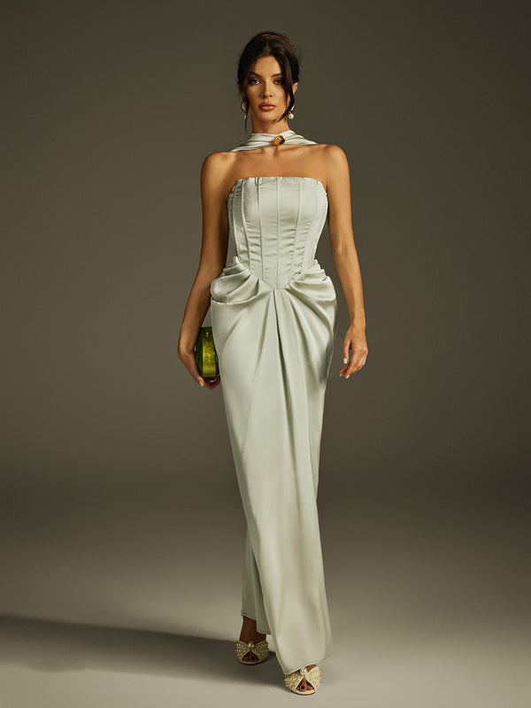 Izron Halterneck Ruched Lace Up Maxi Dress