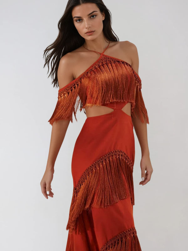 Izumi Fringe Bandage Maxi Dress In Maroon-1