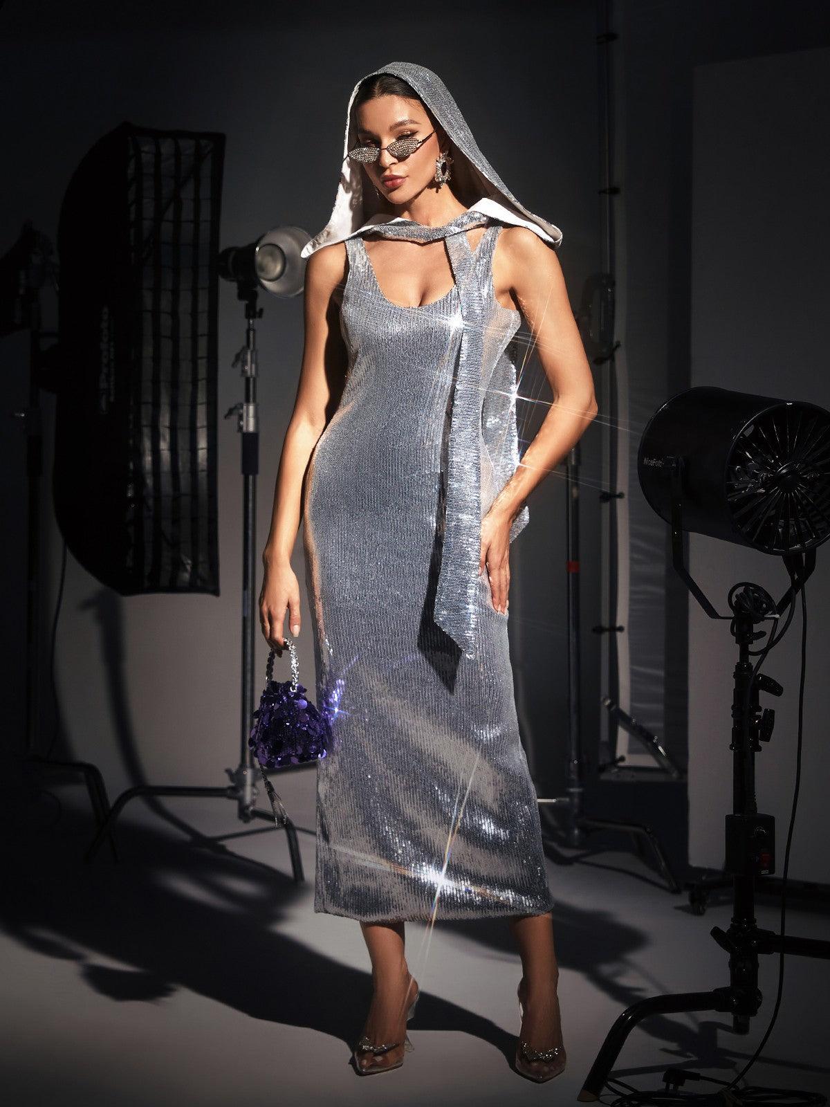 Jafna Drape Back Silver Sequin Hooded Dress – Mew Mews Fashion