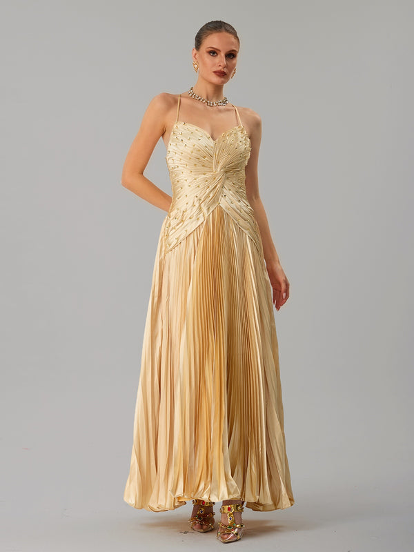 Jagtopo Spaghetti Twisted Pleated Maxi Dress