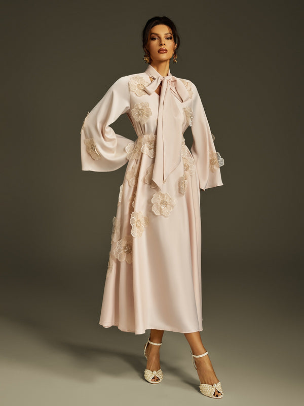 Jaldrix Tie Up Flower Satin Maxi Dress In Apricot